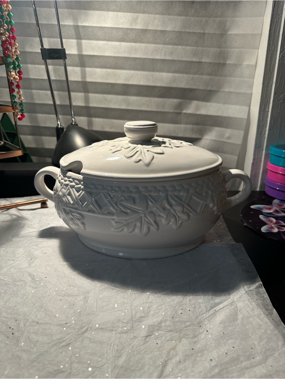 White Ceramic Covered Serving Bowl with Handles